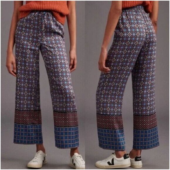 Anthropologie Vega wide leg satin multi color print pants XS - Picture 1 of 10
